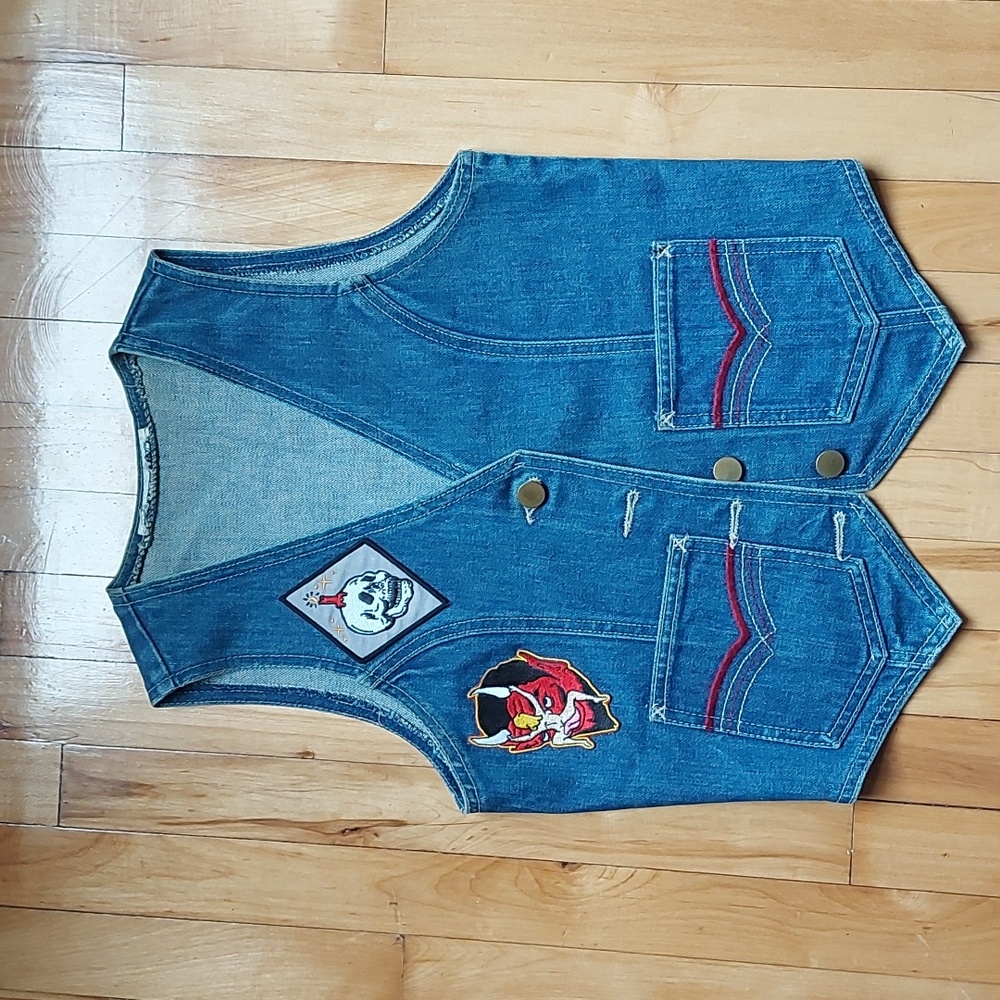 Vintage 1970s/1980s denim biker vest with patches